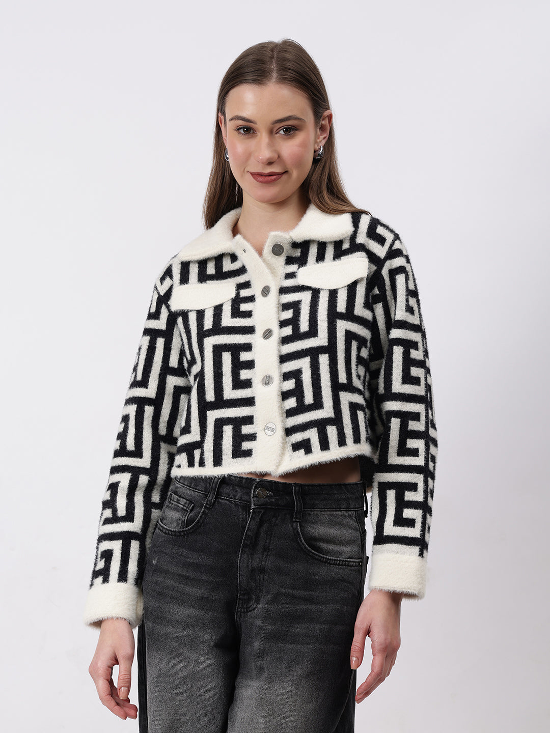 Gaiia Geometric Print Collared Shacket