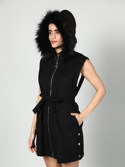 Gaiia Sleeveless Zipper With Fur Hoodie