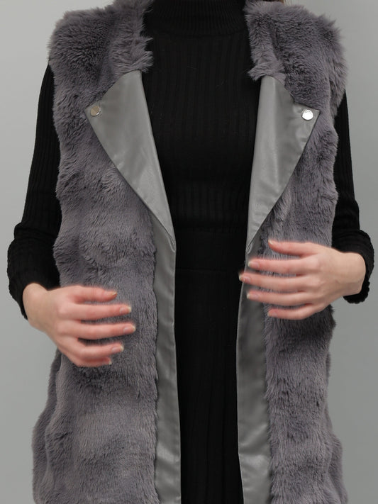 Gaiia Sleeveless Faux Fur Jacket With Leather Lapel