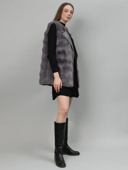 Gaiia Sleeveless Faux Fur Jacket With Leather Lapel
