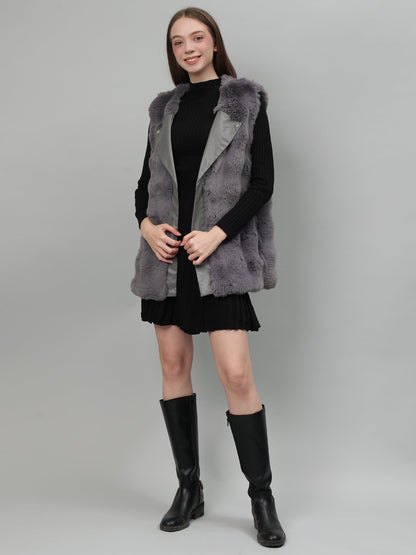 Gaiia Sleeveless Faux Fur Jacket With Leather Lapel