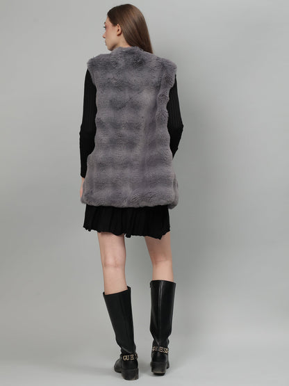 Gaiia Sleeveless Faux Fur Jacket With Leather Lapel