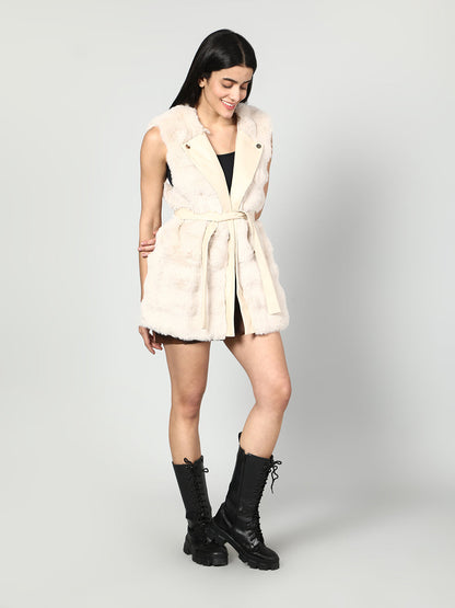 Gaiia Sleeveless Faux Fur Jacket With Leather Lapel