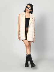 Sleeveless Faux Fur Jacket With Leather Lapel