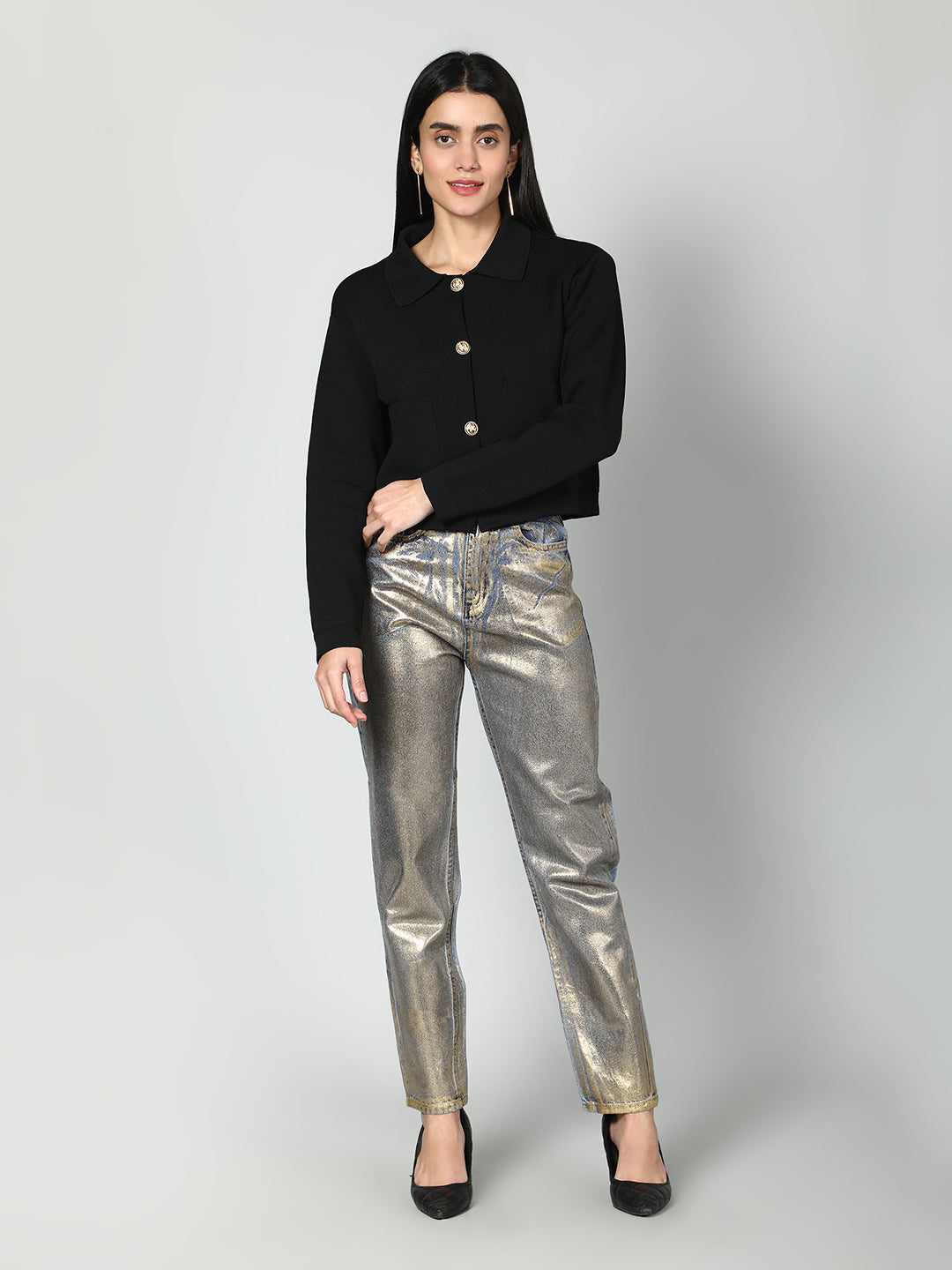 Gaiia Women Solid Woolen Boxy Cardigan