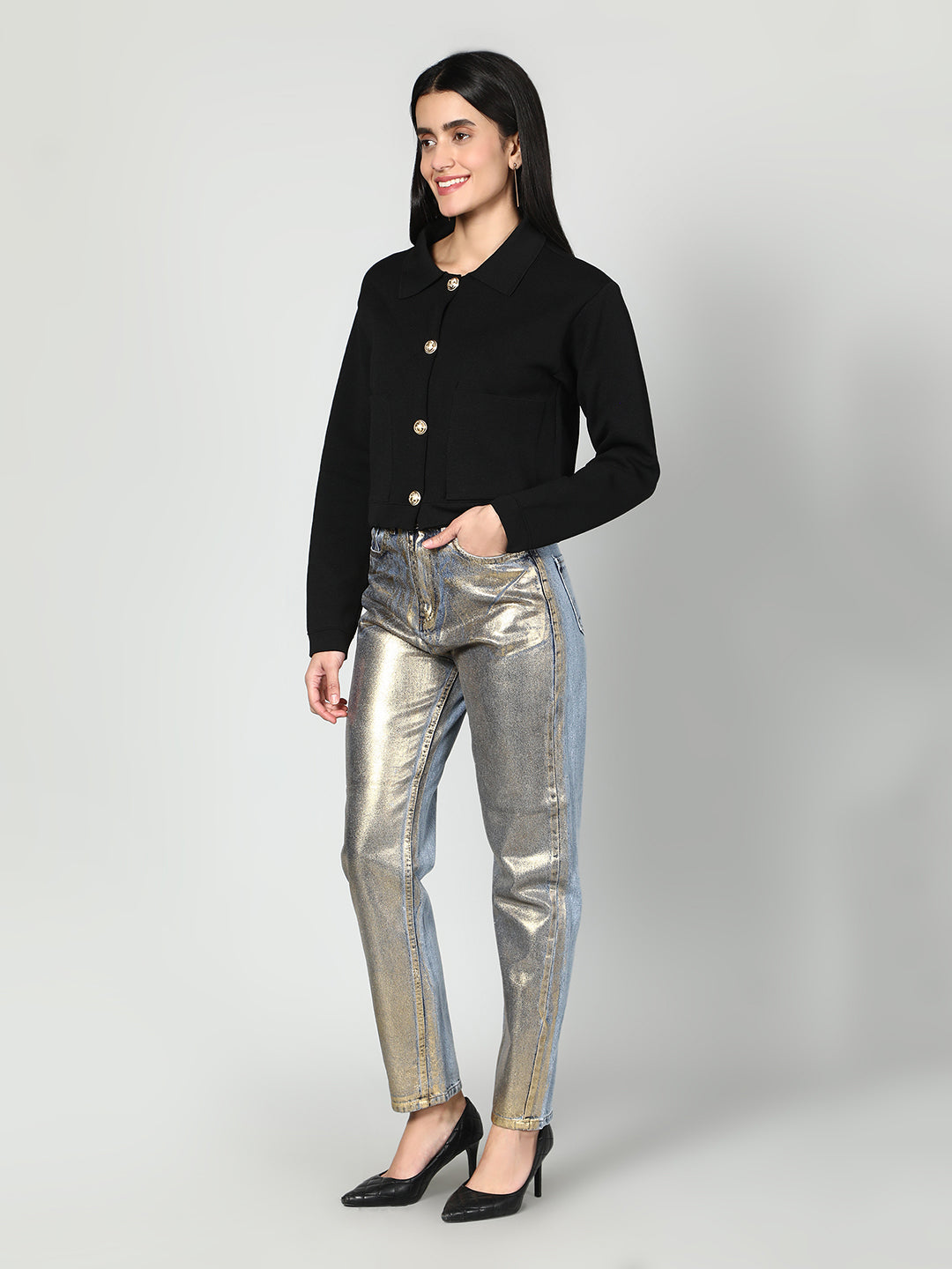 Gaiia Women Solid Woolen Boxy Cardigan