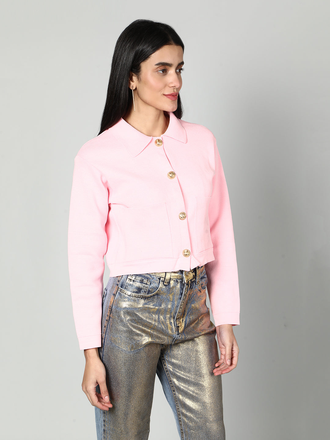 Gaiia Women Solid Woolen Boxy Cardigan