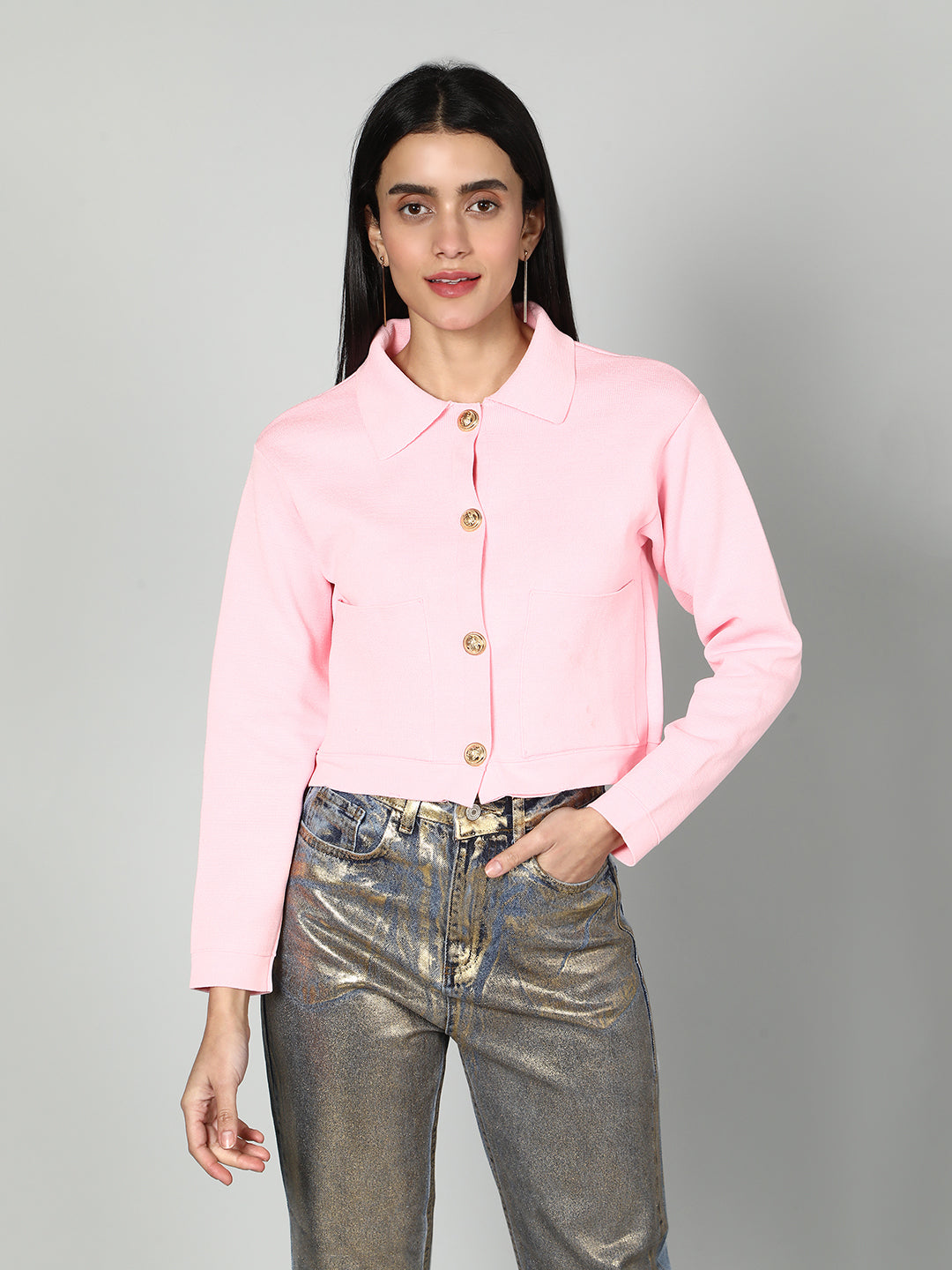 Gaiia Women Solid Woolen Boxy Cardigan