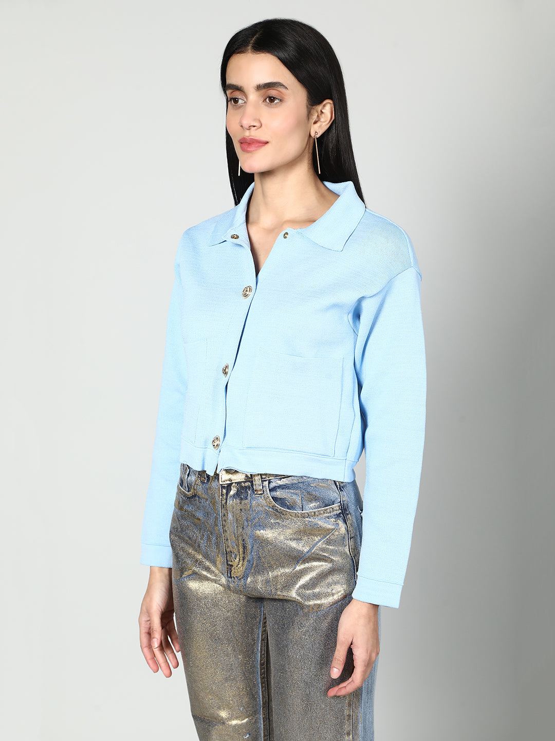 Gaiia Women Solid Woolen Boxy Cardigan