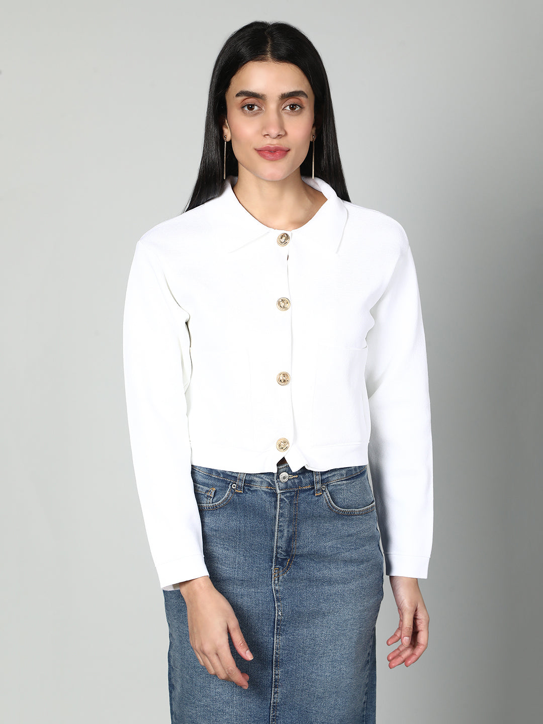 Gaiia Women Solid Woolen Boxy Cardigan