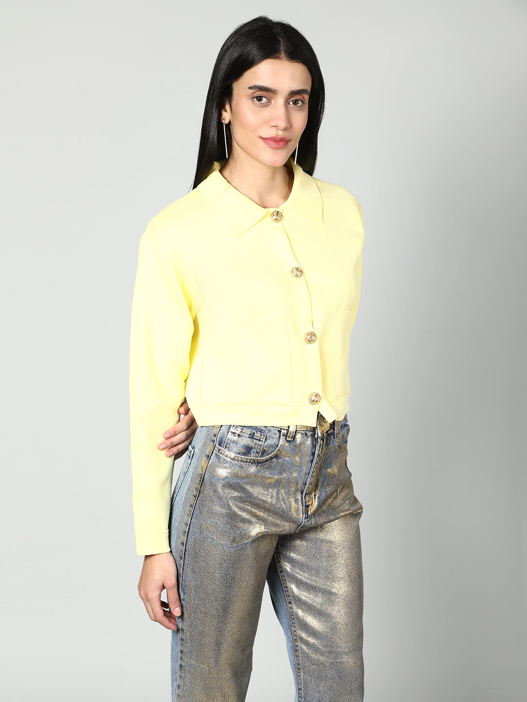 Gaiia Women Solid Woolen Boxy Cardigan