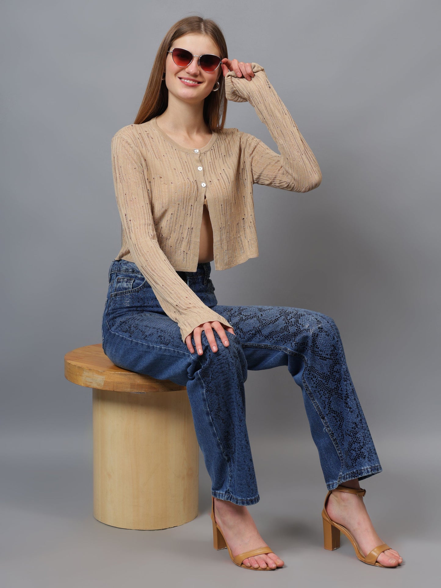 Gaiia Self Design Long Sleeve Top With Button