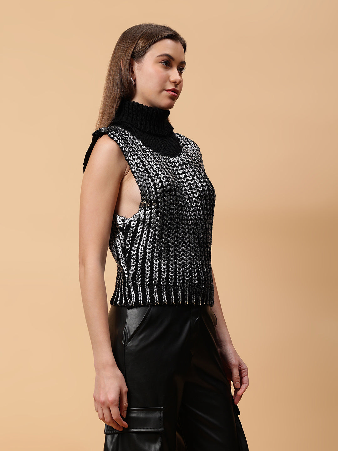 Gaiia Sleeveless High Neck Mettalic Top