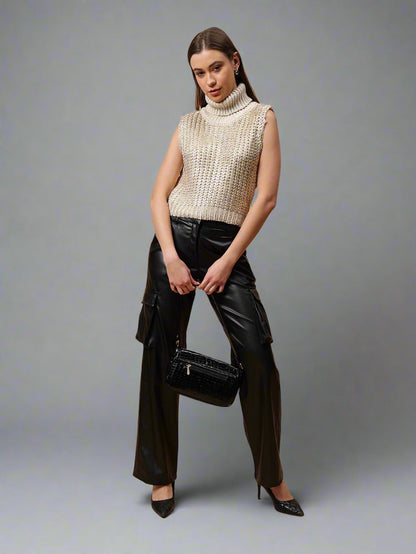 Gaiia Sleeveless High Neck Mettalic Top