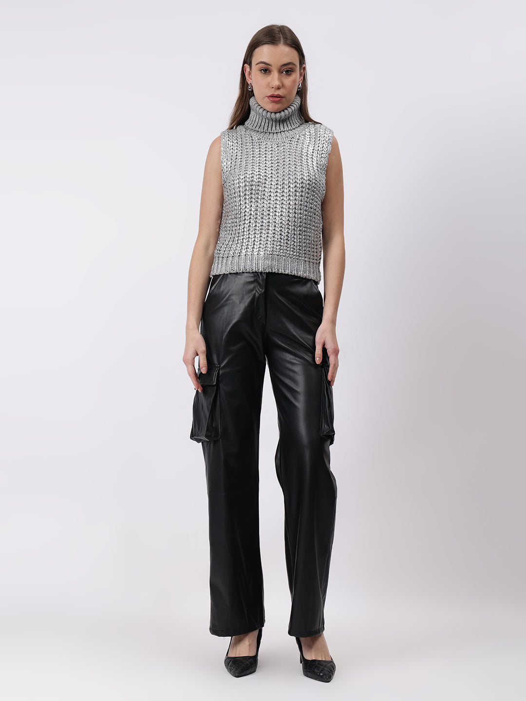 Gaiia Sleeveless High Neck Mettalic Top