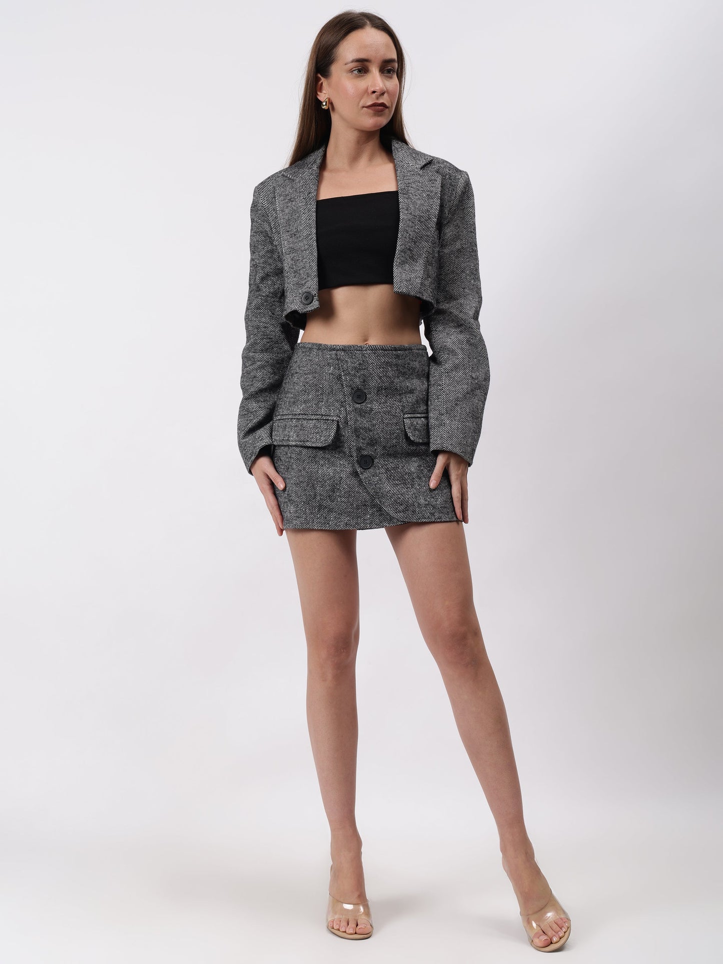 Gaiia Tweed Cropped Blazer And Mini Skirt Set - Black