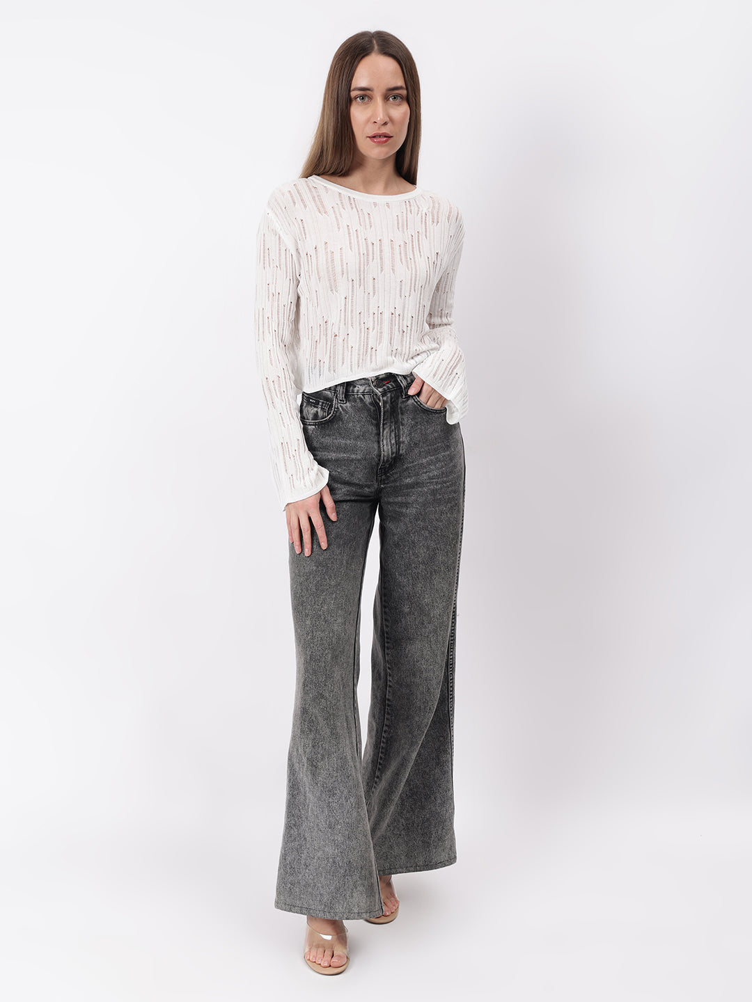 Gaiia Self Design Long Sleeve Crew Neck Top - White