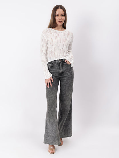 Gaiia Self Design Long Sleeve Crew Neck Top - White