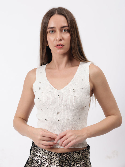 Gaiia Sleeveless Studded Top - Off White