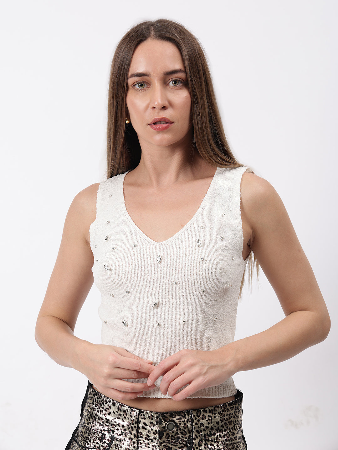 Gaiia Sleeveless Studded Top - Off White