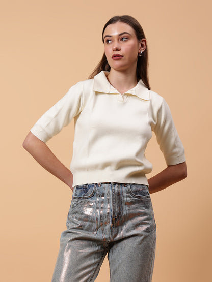 Gaiia Women Collared Winter Top - Off White