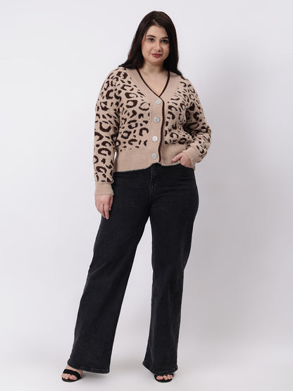 Gaiia Angora Wool Leopard Print Cardigan