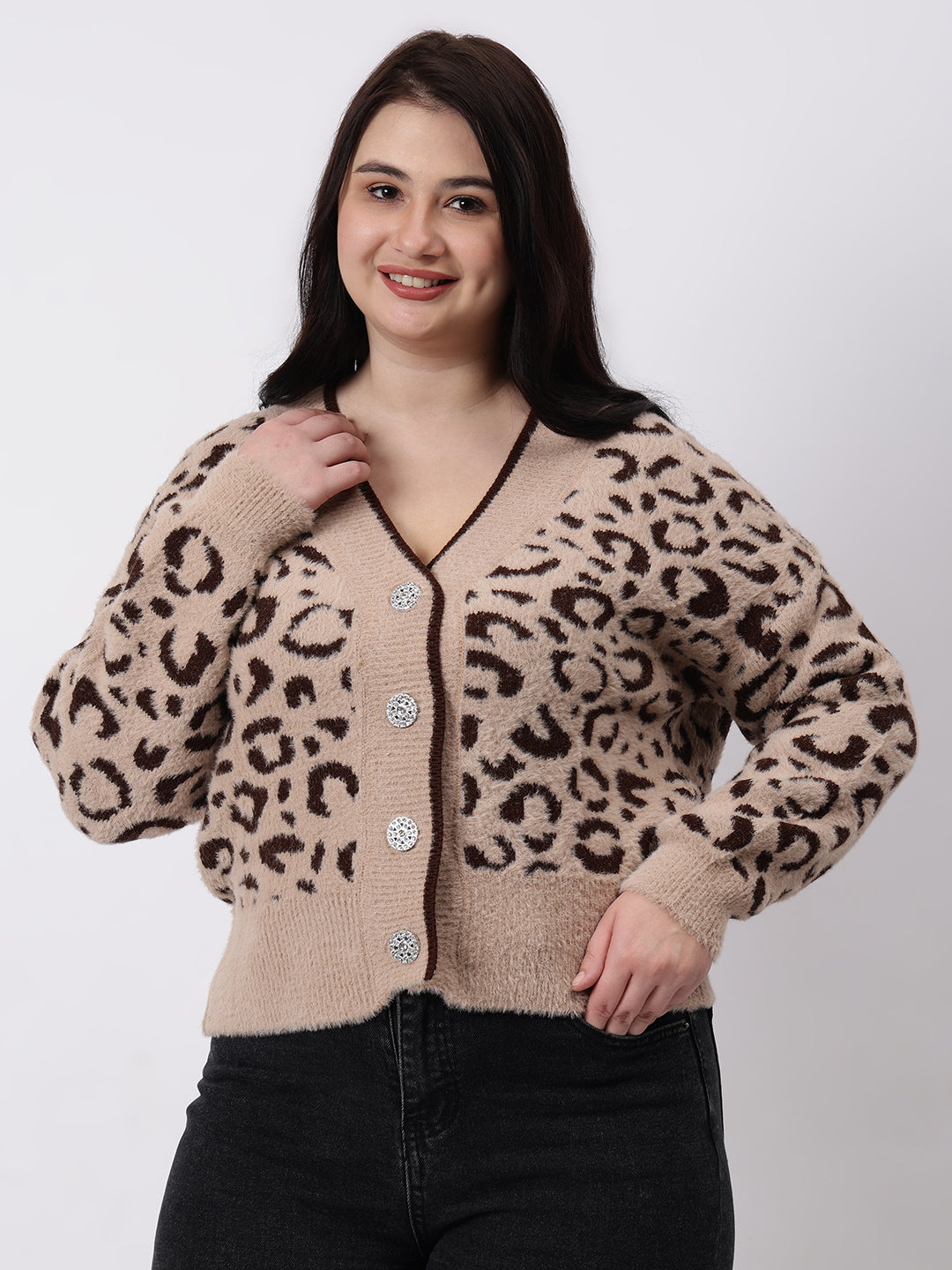 Gaiia Angora Wool Leopard Print Cardigan