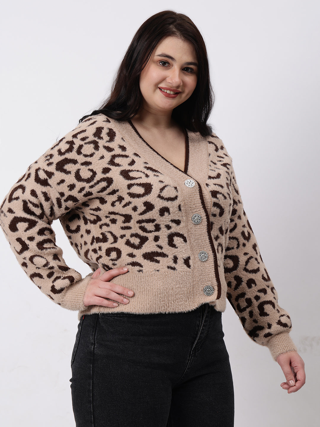 Gaiia Angora Wool Leopard Print Cardigan