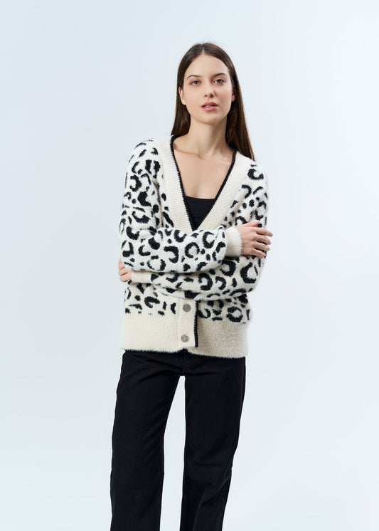 Gaiia Angora Wool Leopard Print Cardigan