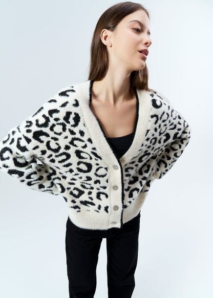Gaiia Angora Wool Leopard Print Cardigan
