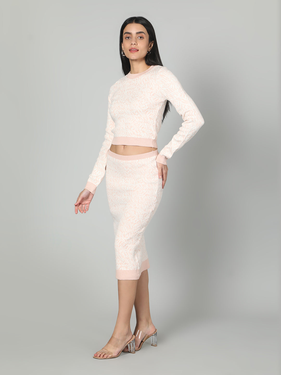 Gaiia Two Color Self Print Skirt Co-Ord Set - Green