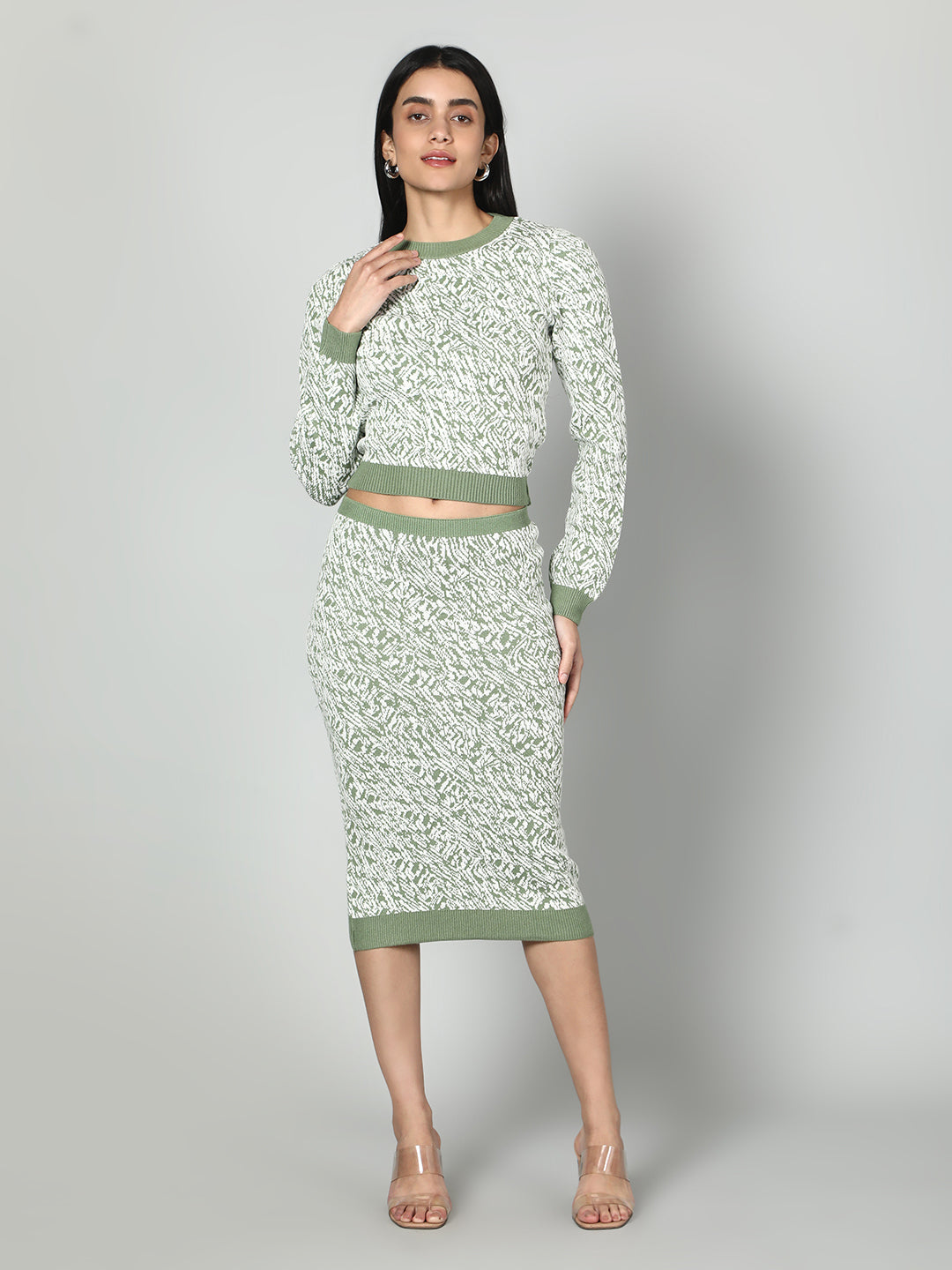 Gaiia Two Color Self Print Skirt Co-Ord Set - Green