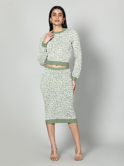 Gaiia Two Color Self Print Skirt Co-Ord Set - Green