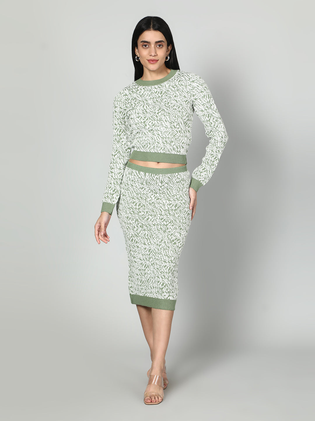 Gaiia Two Color Self Print Skirt Co-Ord Set - Green