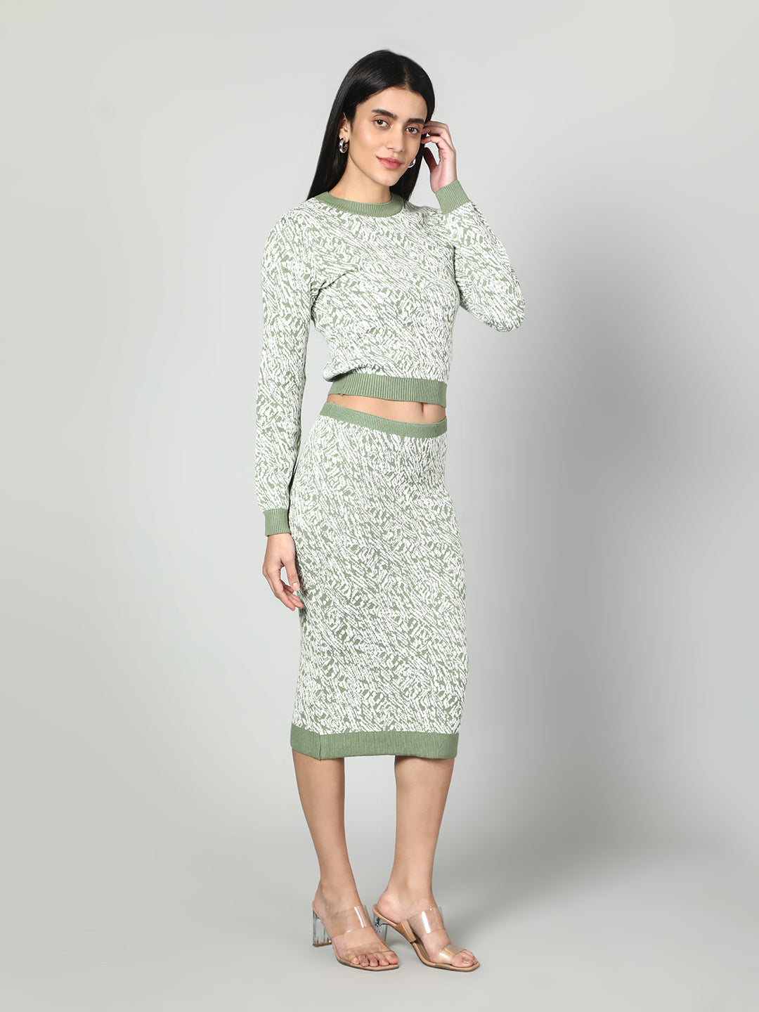 Gaiia Two Color Self Print Skirt Co-Ord Set - Green