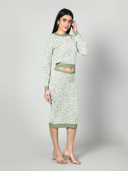 Gaiia Two Color Self Print Skirt Co-Ord Set - Green