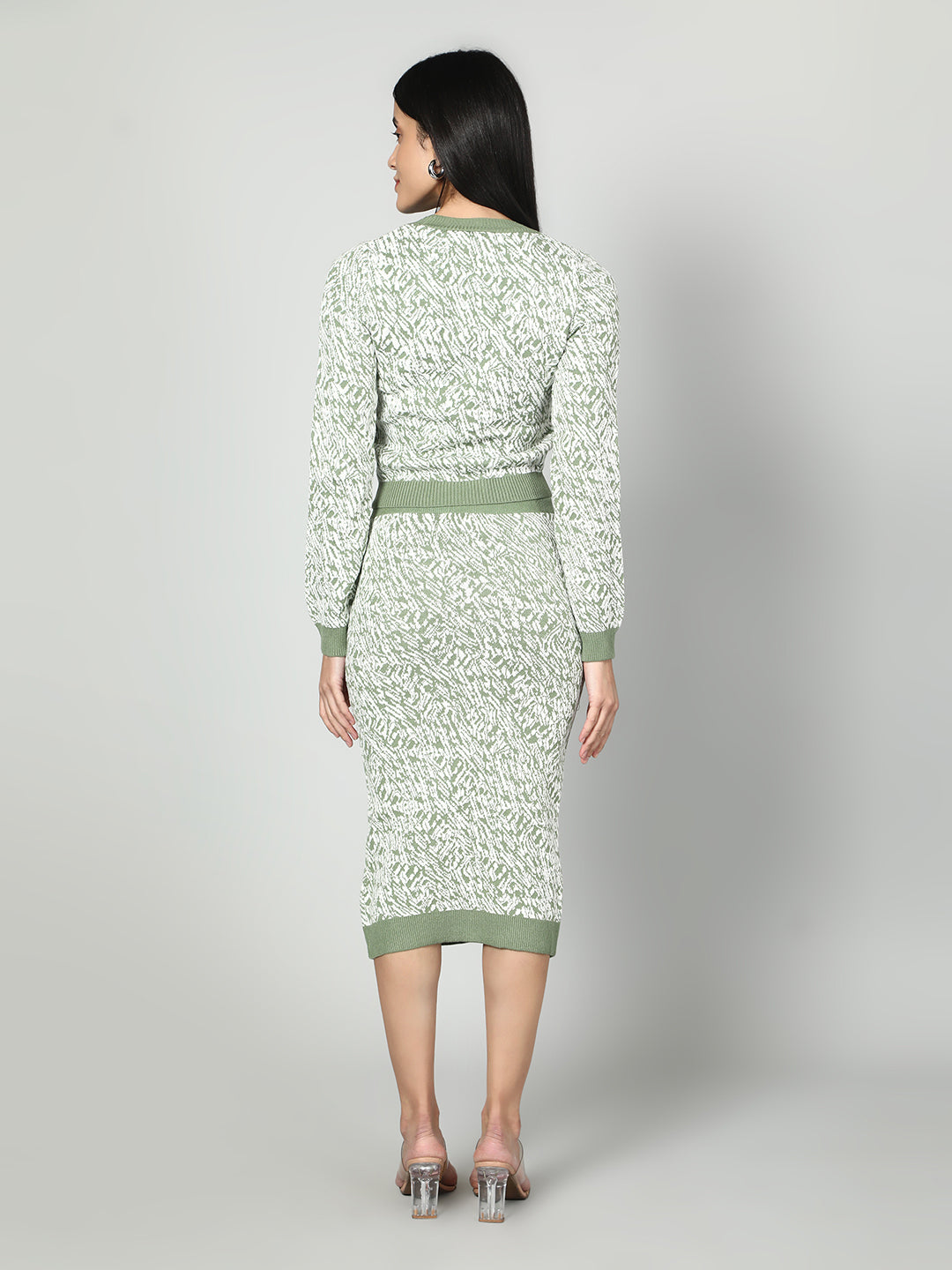 Gaiia Two Color Self Print Skirt Co-Ord Set - Green