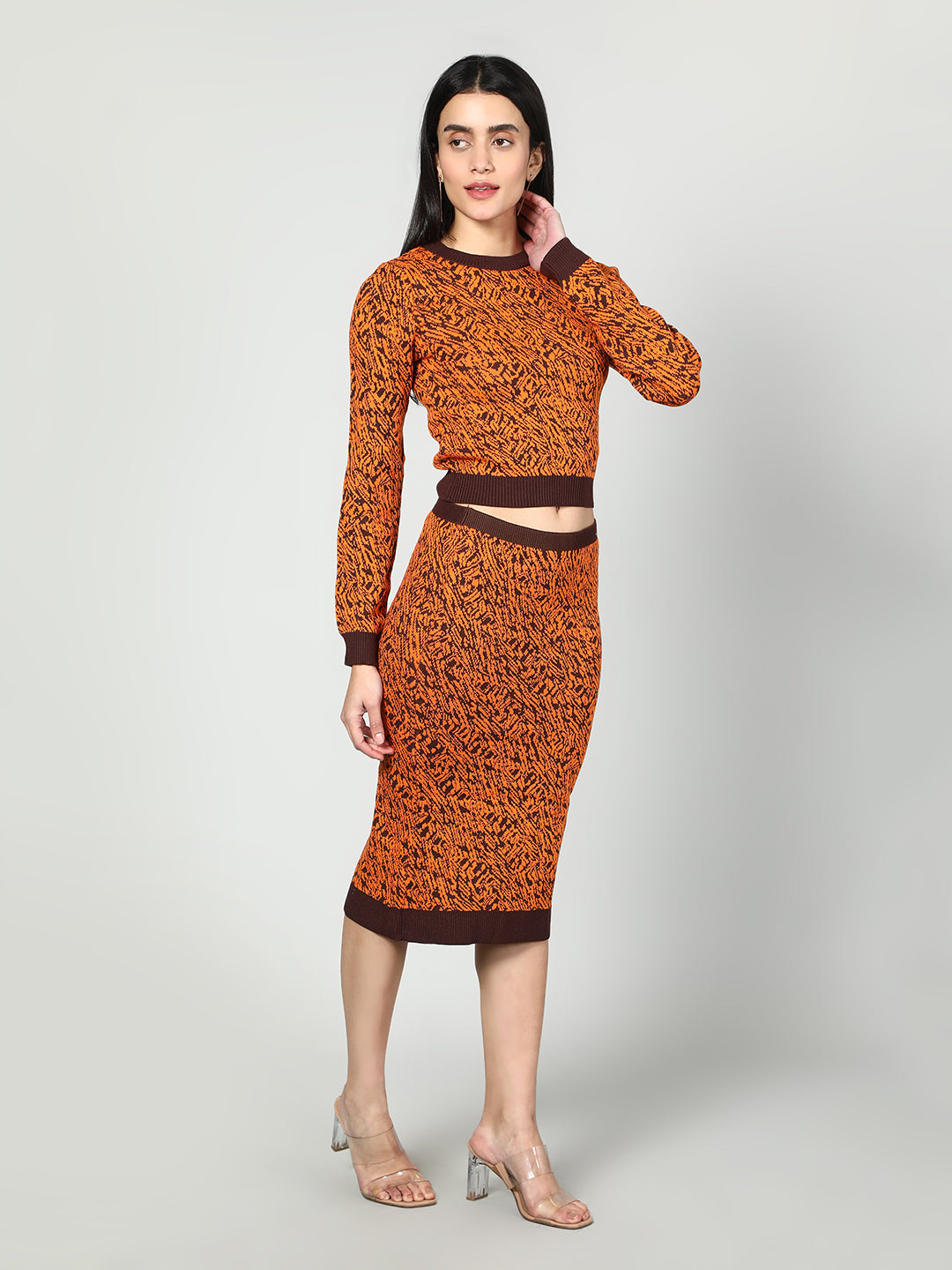 Gaiia Two Color Self Print Skirt Co-Ord Set - Green