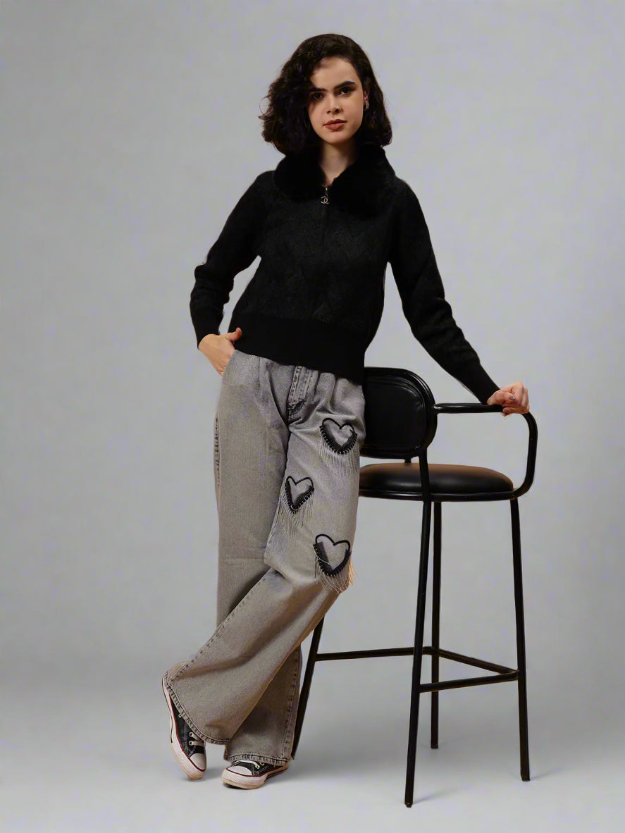 Gaiia Fur Collared Solid Women Zipper Jacket