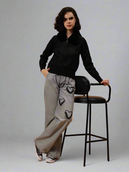 Gaiia Fur Collared Solid Women Zipper Jacket