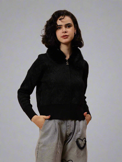 Gaiia Fur Collared Solid Women Zipper Jacket