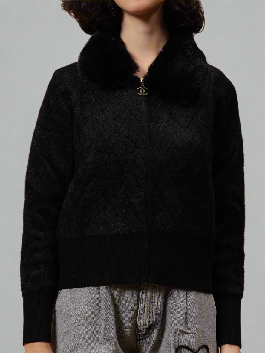 Gaiia Fur Collared Solid Women Zipper Jacket