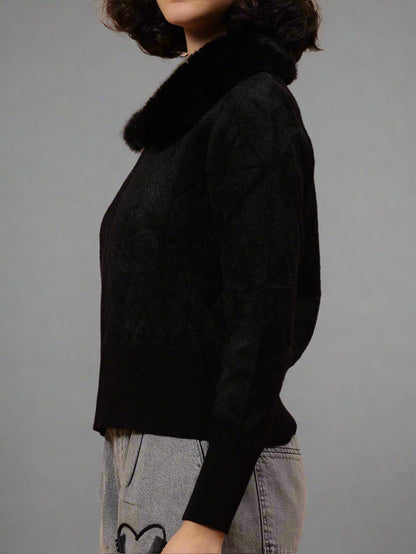 Gaiia Fur Collared Solid Women Zipper Jacket