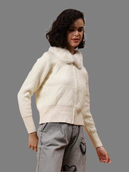 Gaiia Fur Collared Solid Women Zipper Jacket