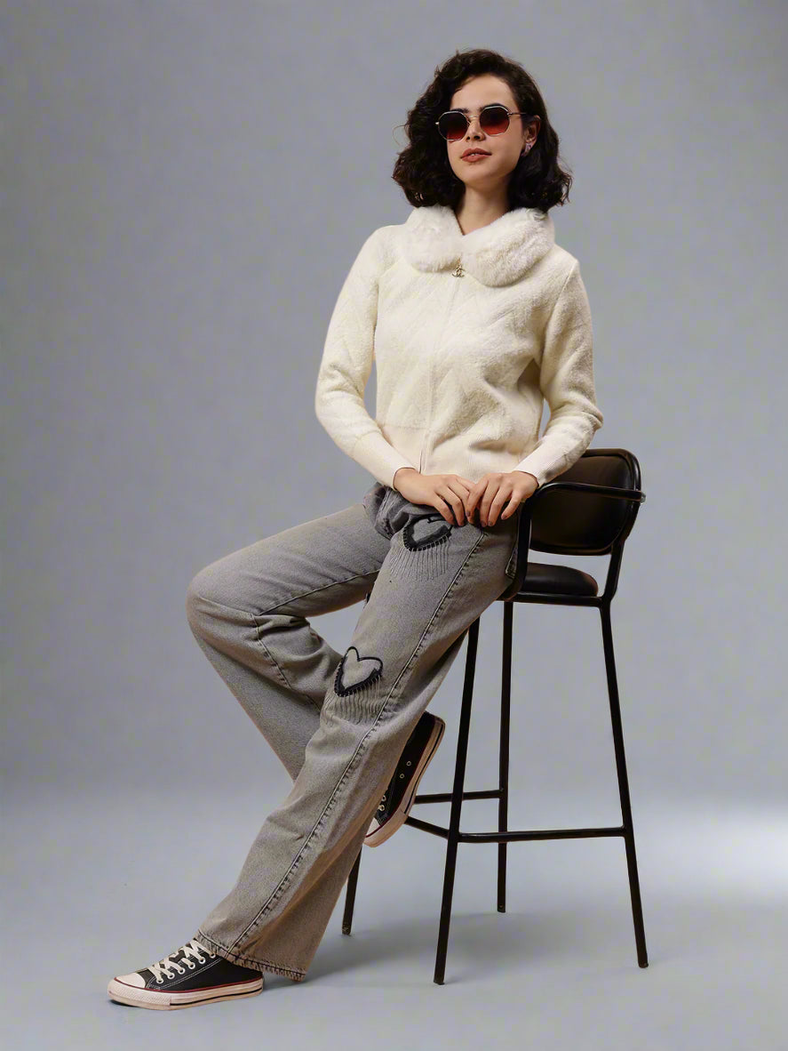 Gaiia Fur Collared Solid Women Zipper Jacket