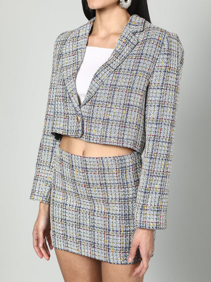 Gaiia Tweed Checkered Blazer And Miniskirt Set - White