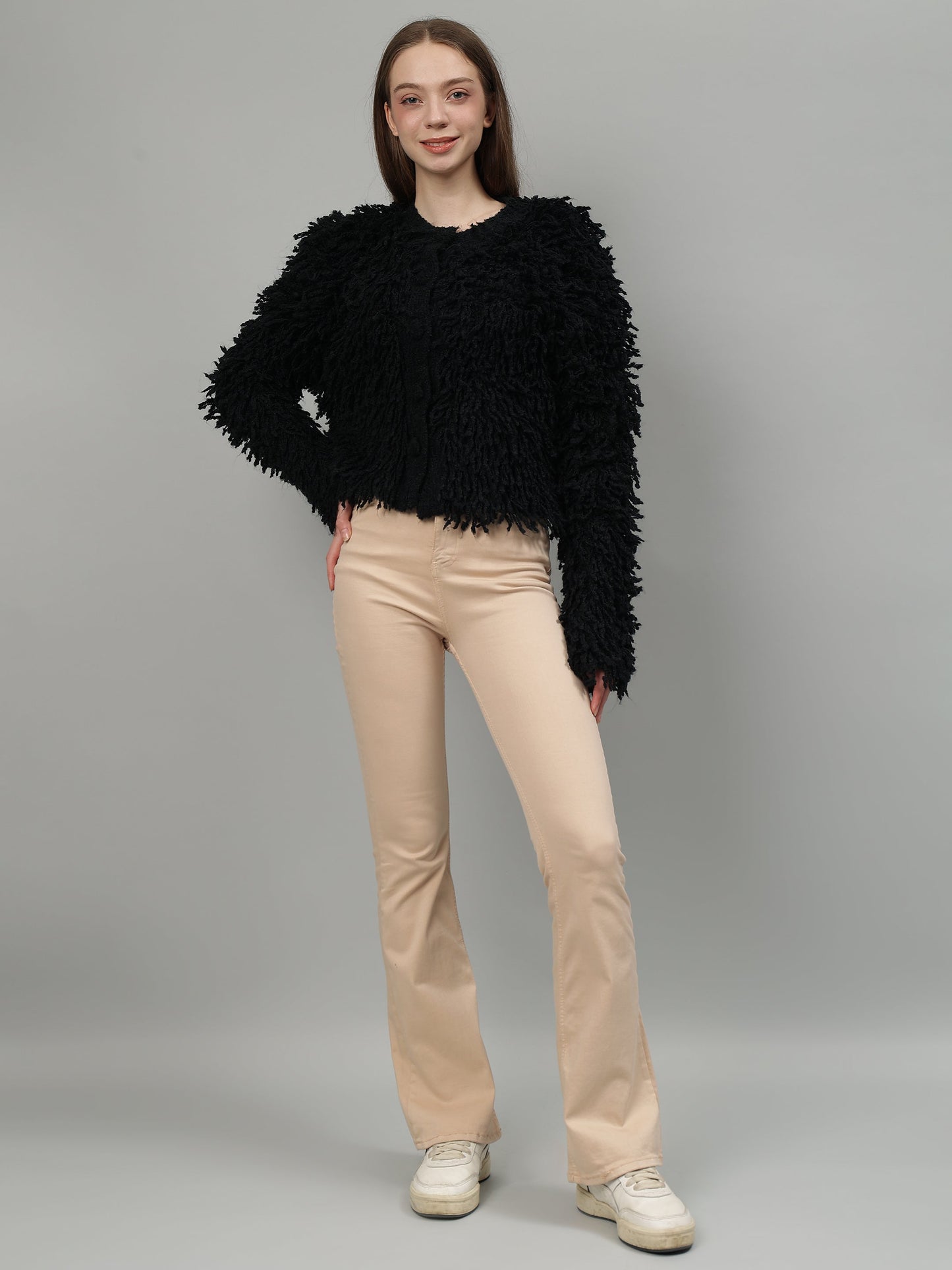 Gaiia Fuzzy Monochrome Button Cardigan