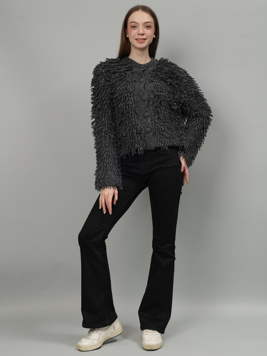 Fuzzy Monochrome Button Cardigan