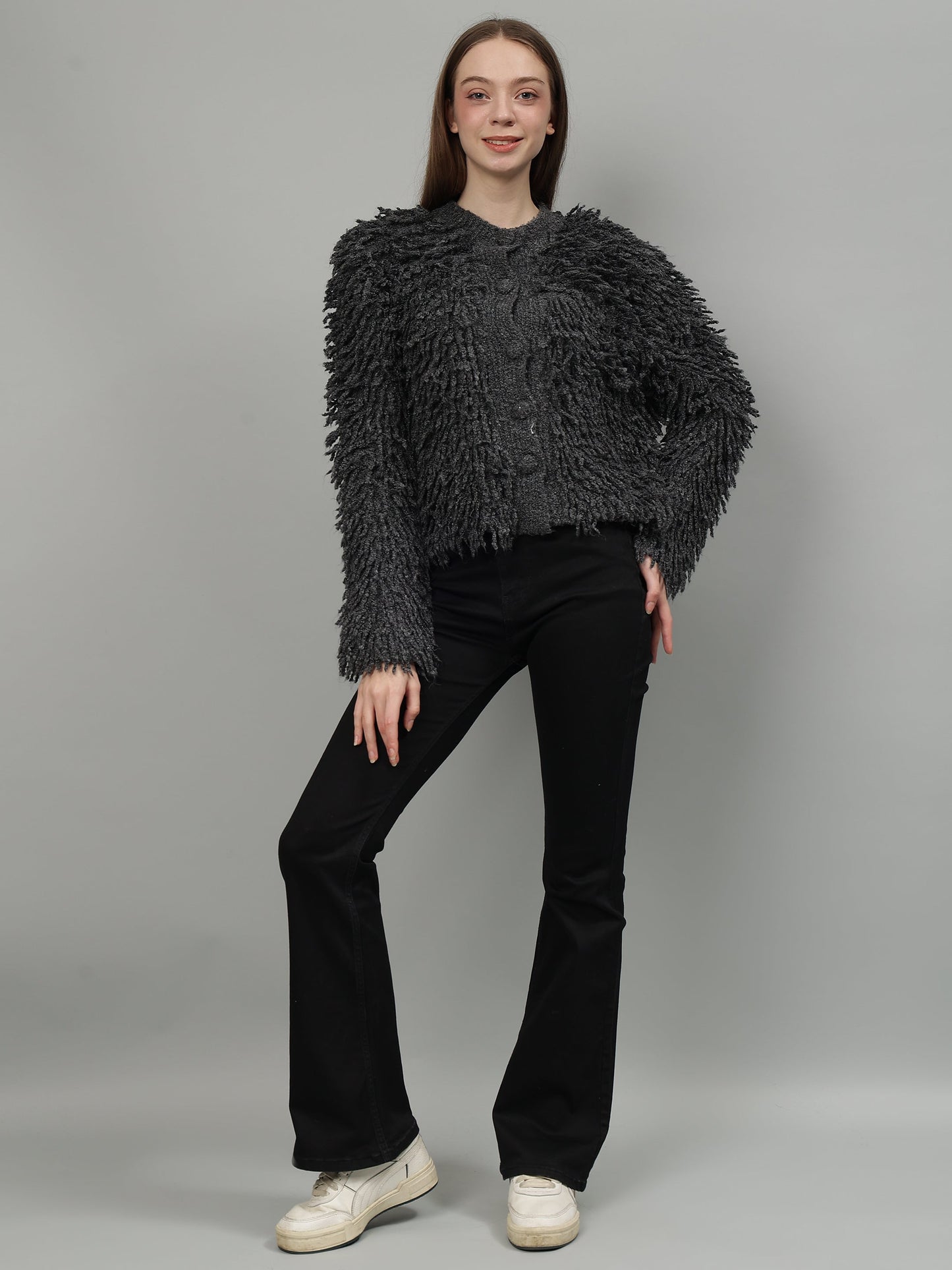 Gaiia Fuzzy Monochrome Button Cardigan
