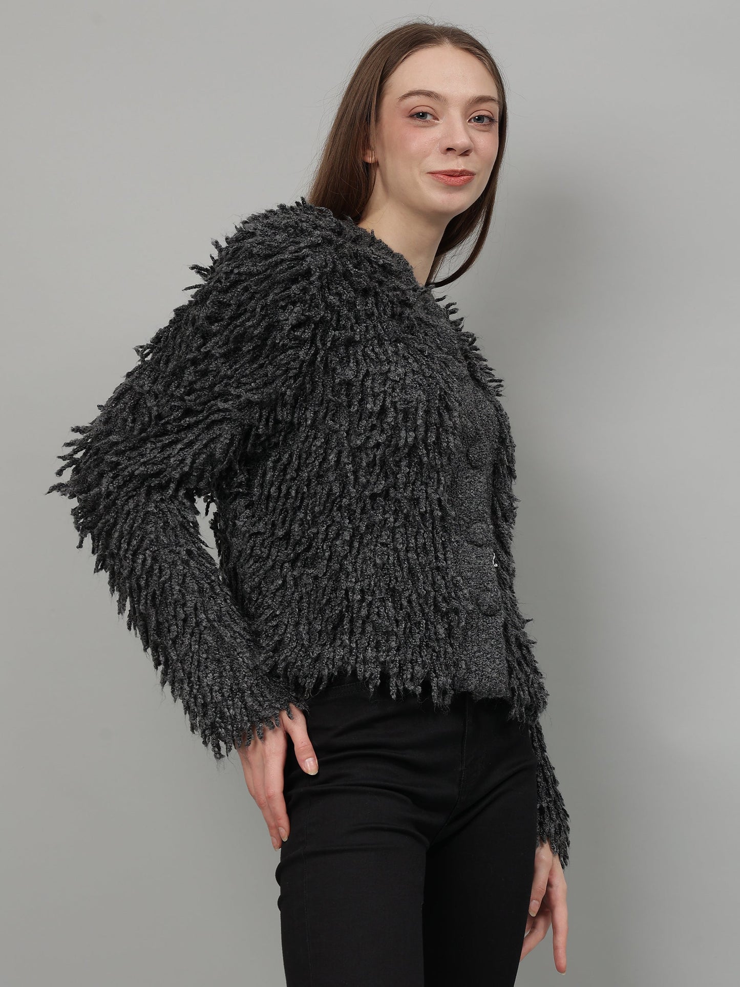 Gaiia Fuzzy Monochrome Button Cardigan